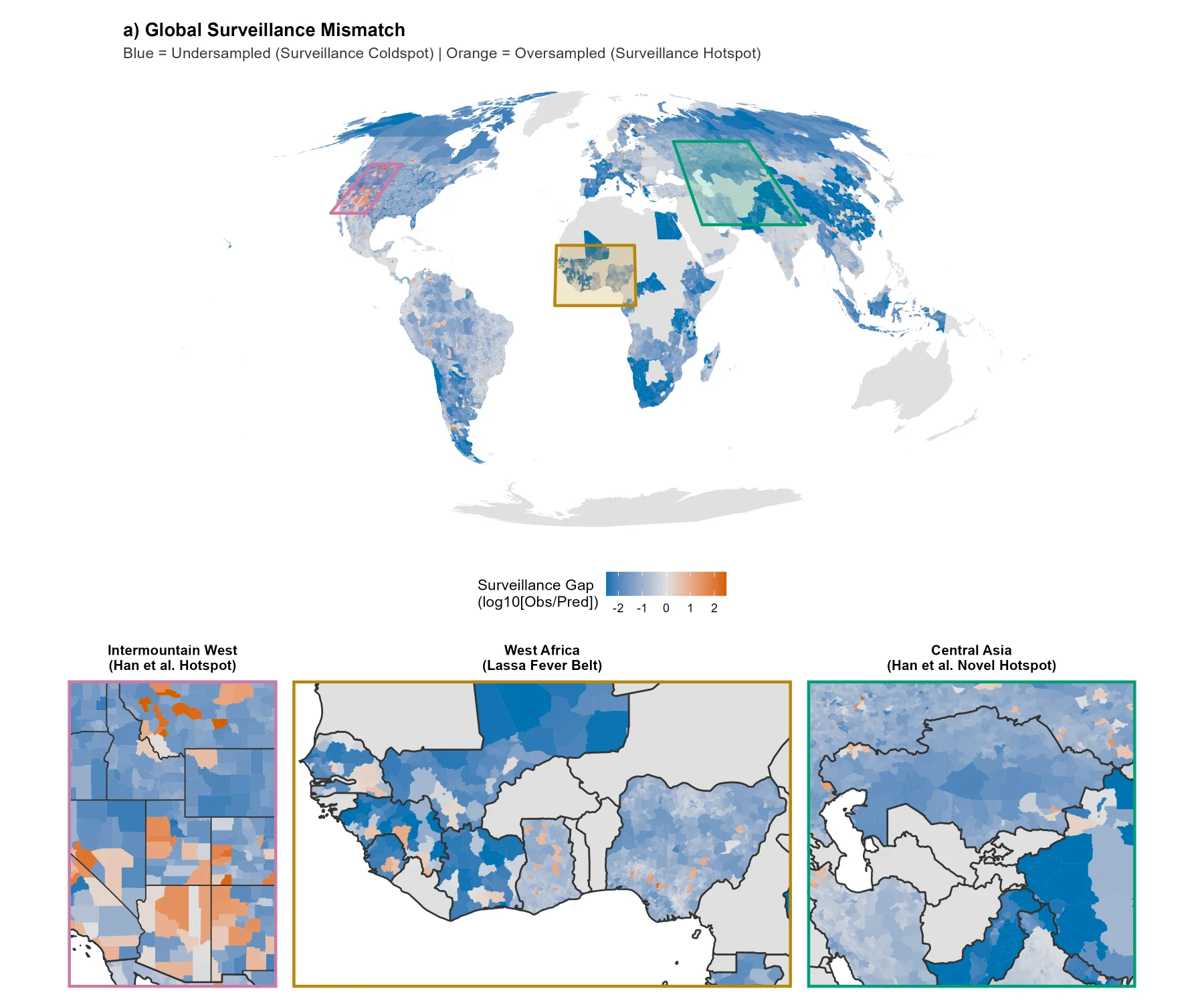 World map of surveillance residuals: districts sampled more or less intensely than predicted by night-time light, accessibility, population density and host richness.