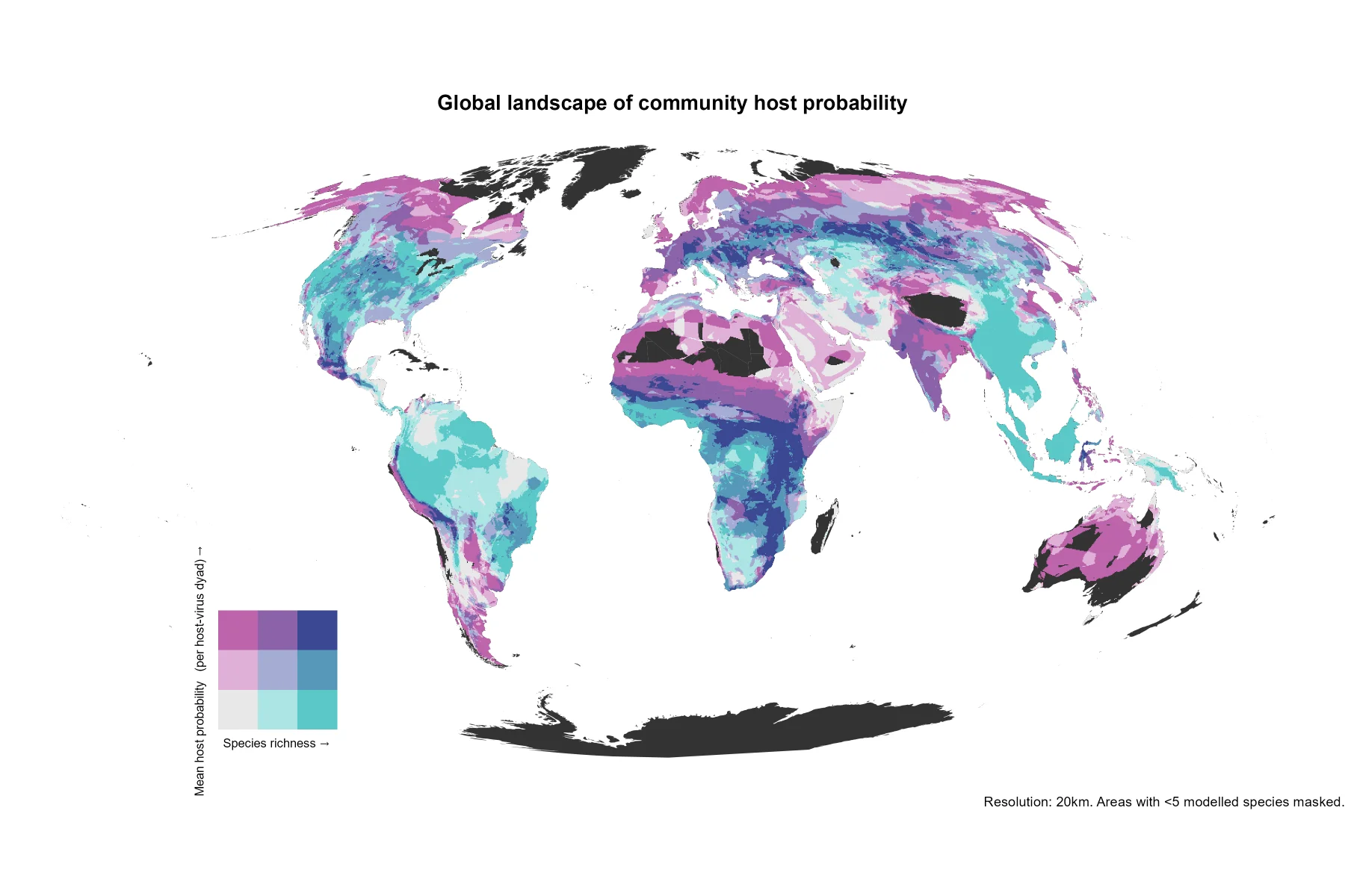 Bivariate world map of small mammal species richness against community host probability at 20 km resolution.