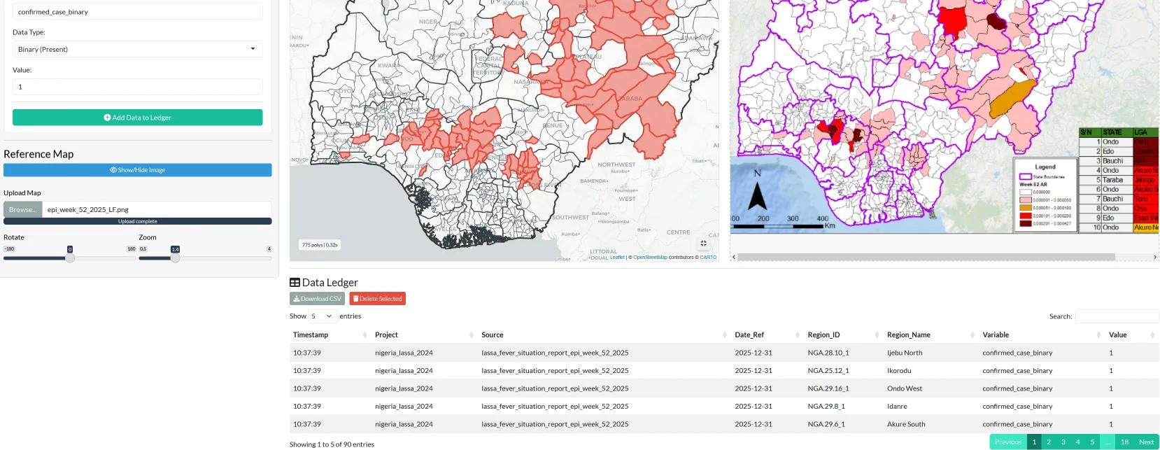 Map Liberator: an interactive map of Nigerian local government areas with selected areas shaded, beside the source situation report map and a data ledger table.