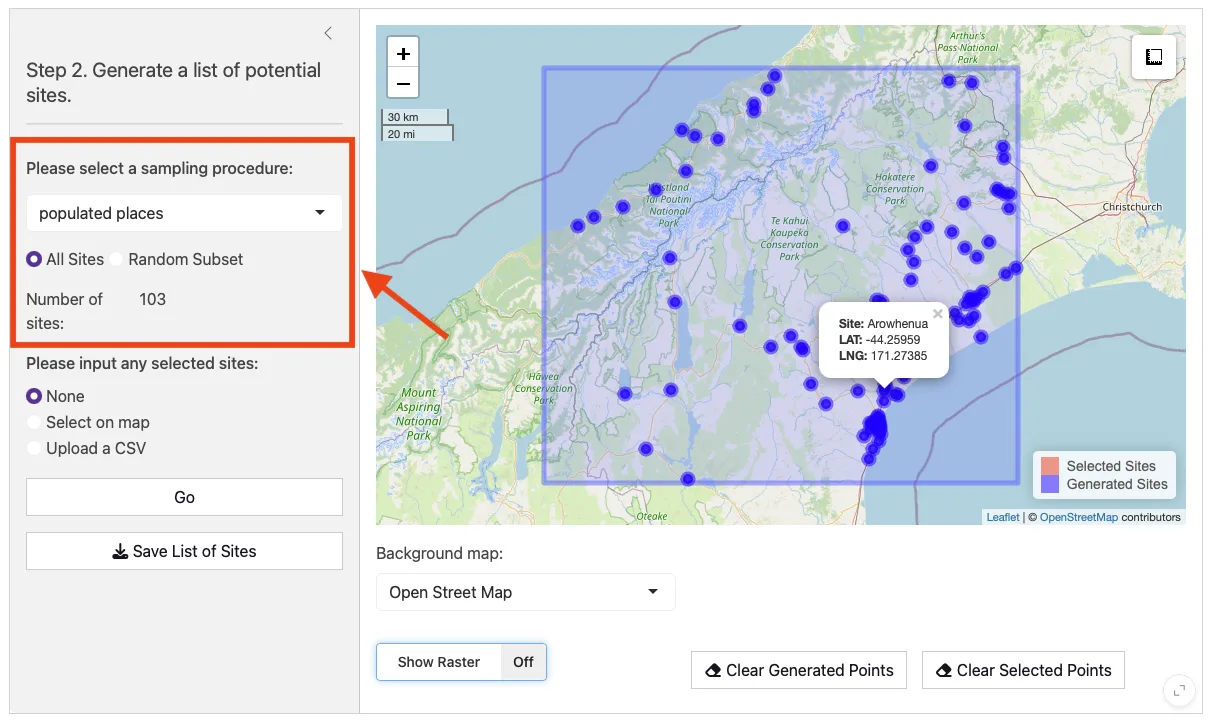 SiteTool: candidate field sites generated from populated places, plotted as points on a map within a study area.