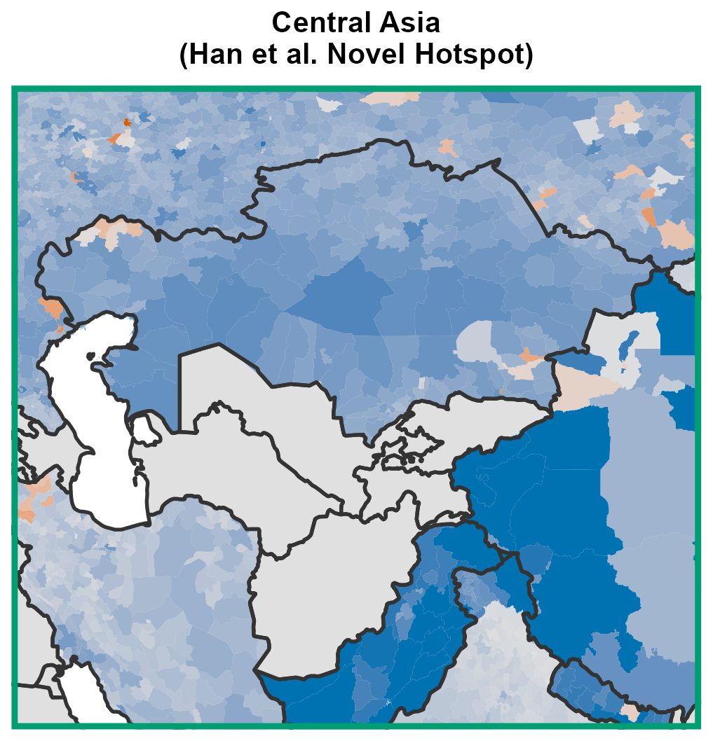 Inset: Central Asia, a novel hotspot in Han et al., largely undersampled.