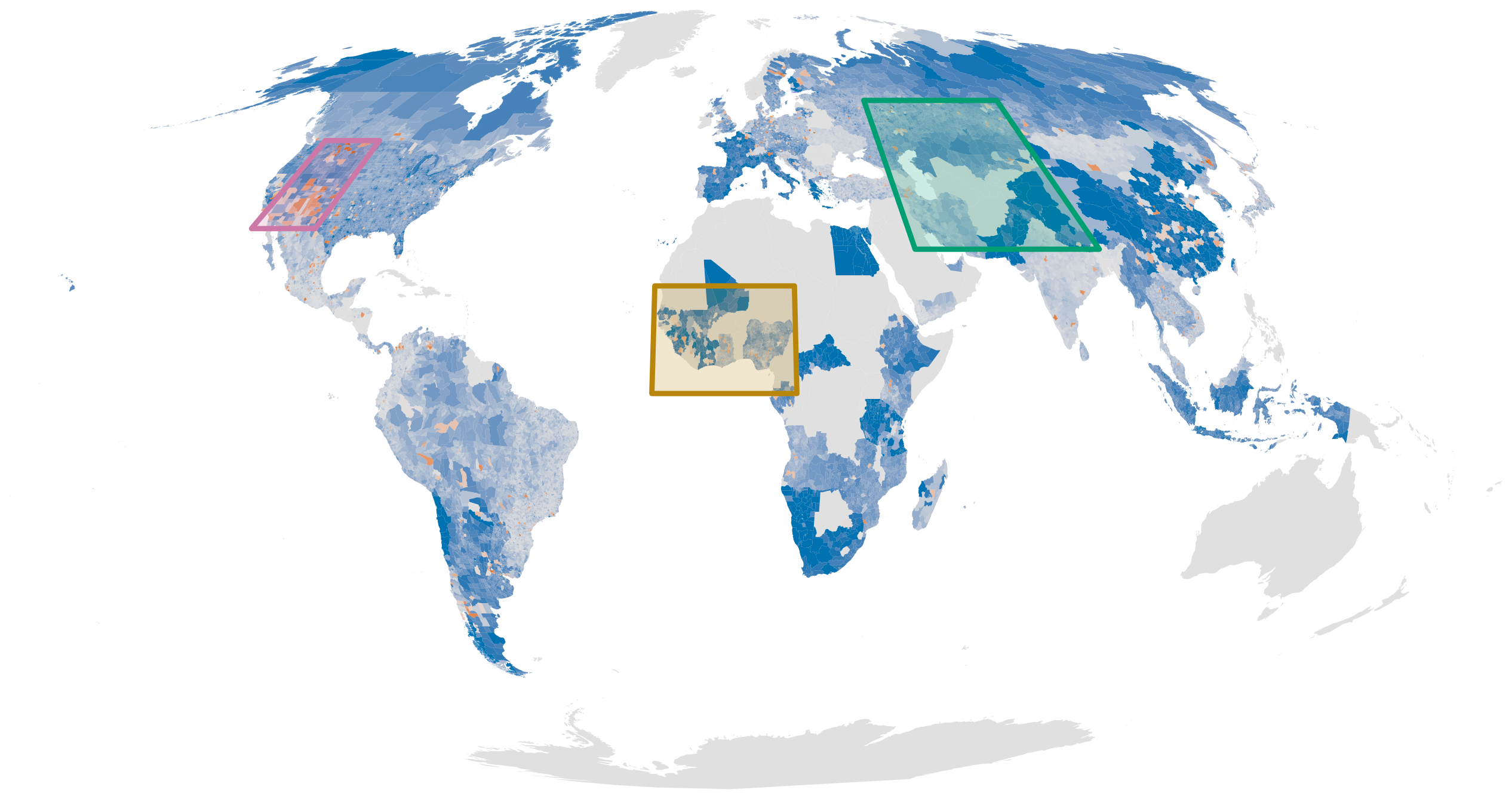 World map of surveillance residuals: districts sampled more (orange) or less (blue) than predicted by night-time light, accessibility, population density and host richness, with boxes marking the Intermountain West, West Africa and Central Asia.