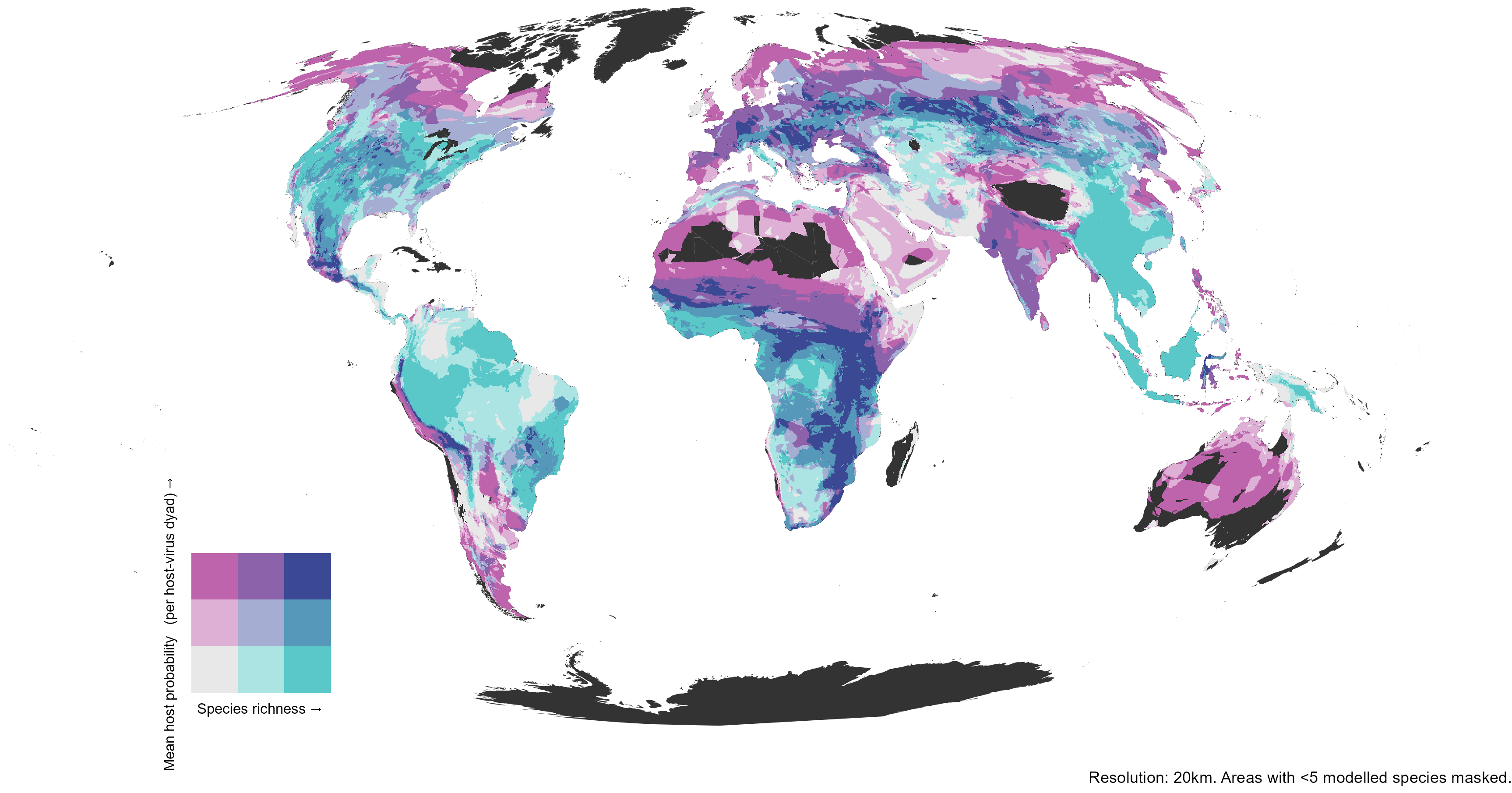 Bivariate world map of small-mammal species richness against community host probability at 20 km resolution.