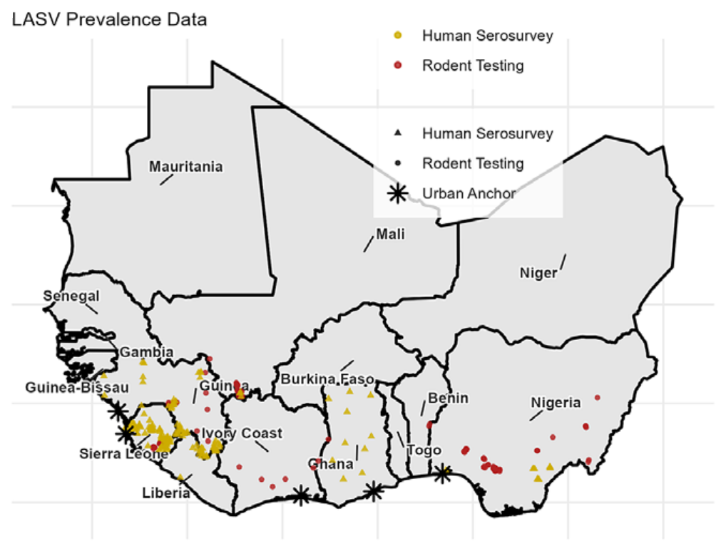 Lassa virus prevalence data: rodent testing sites, human serosurveys and urban absence anchors across West Africa.
