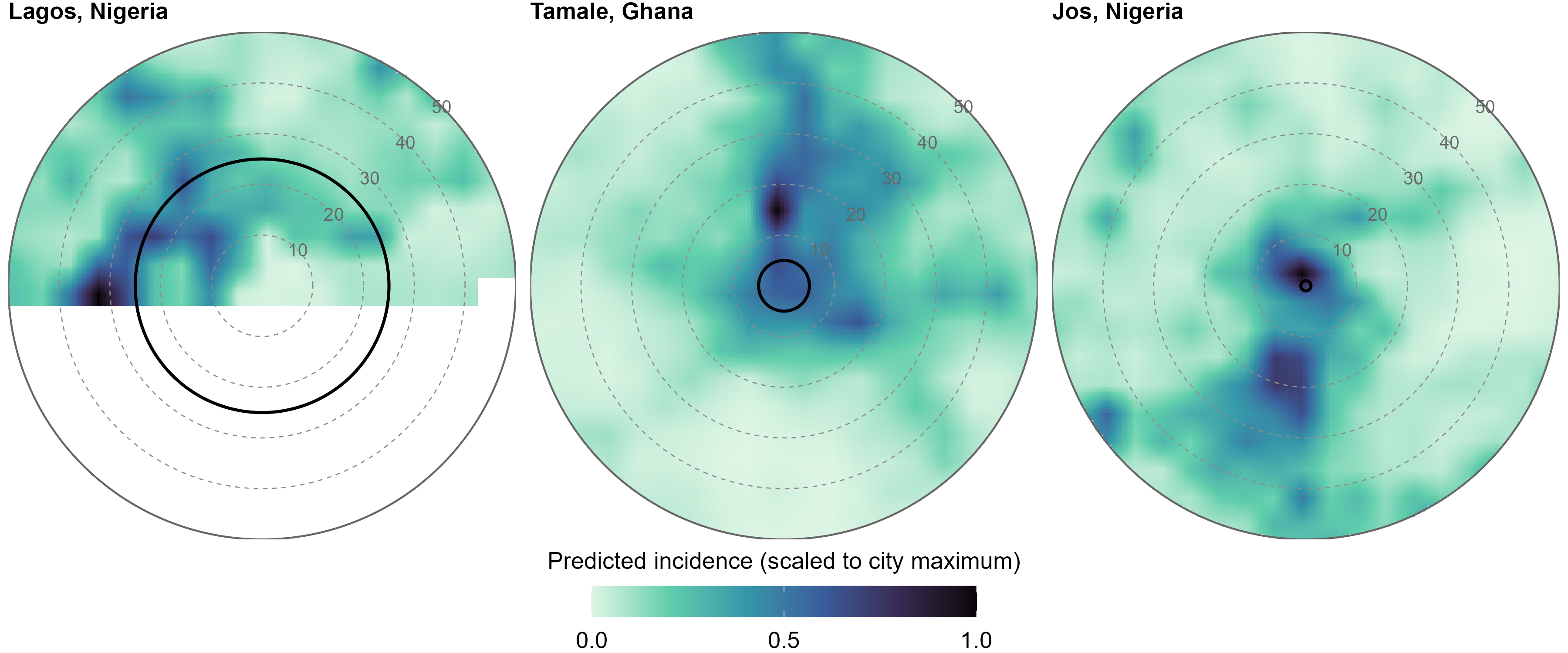 Maps of predicted Lassa fever incidence within 50 km of Lagos, Tamale and Jos, on the same scale for each city. Lagos is half sea, with incidence spread through its hinterland; in Tamale and Jos incidence concentrates near the centre.