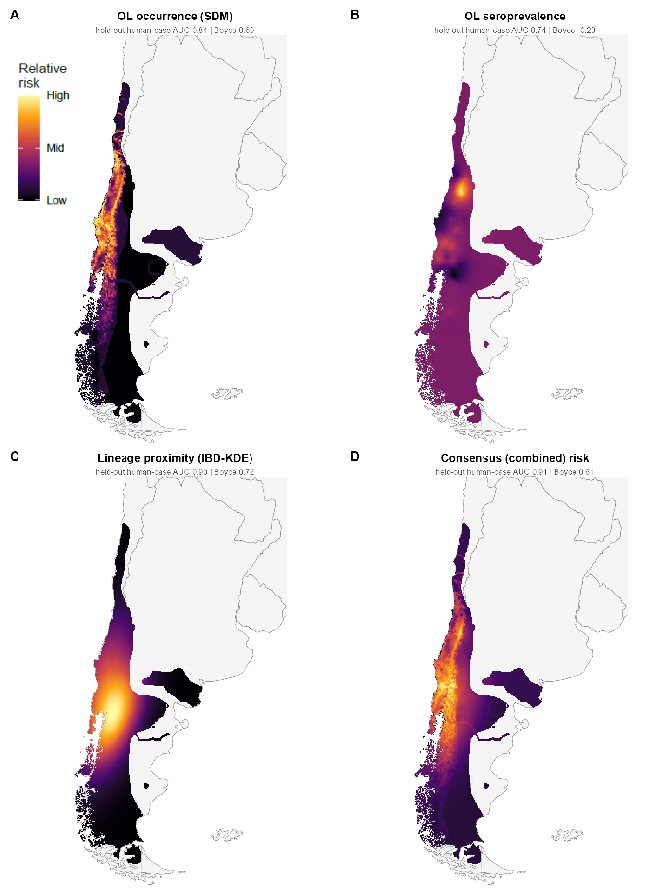 Four maps of Patagonia: reservoir occurrence, reservoir seroprevalence, proximity to the human-transmissible lineage, and their consensus, converging on north-western Patagonia.